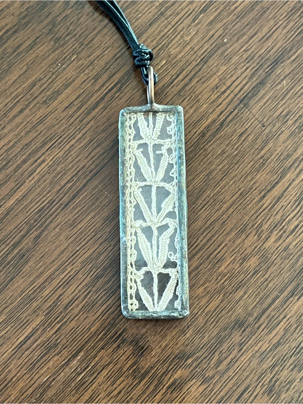 Vintage Boho Handcrafted Rectangular Pendant with Cream Lace